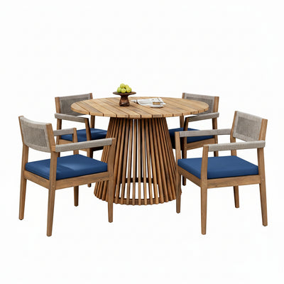 5-Piece Outdoor Patio Dining Table Set with Rope Armchairs & Navy Cushions, Light Teak+Beige