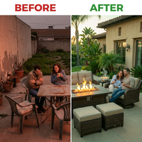 7 Piece Outdoor Patio Furniture Set, Patio Furniture Set with Fire Pit Table Rattan Wicker Patio Furniture Set, Brown Wicker & Beige Cushion — Before & After