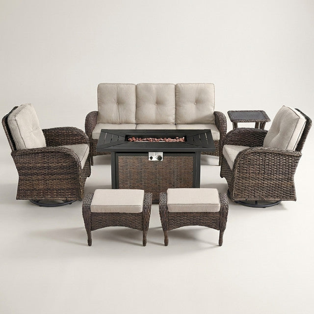 7 Piece Outdoor Patio Furniture Set, Patio Furniture Set with Fire Pit Table Rattan Wicker Patio Furniture Set, Brown Wicker & Beige Cushion — Studio Shot
