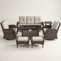 7 Piece Outdoor Patio Furniture Set, Patio Furniture Set with Fire Pit Table Rattan Wicker Patio Furniture Set, Brown Wicker & Beige Cushion — Studio Shot