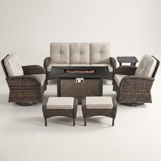 7 Piece Outdoor Patio Furniture Set, Patio Furniture Set with Fire Pit Table Rattan Wicker Patio Furniture Set, Brown Wicker & Beige Cushion — Studio Shot