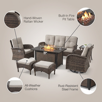 7 Piece Outdoor Patio Furniture Set, Patio Furniture Set with Fire Pit Table Rattan Wicker Patio Furniture Set, Brown Wicker & Beige Cushion — infographic