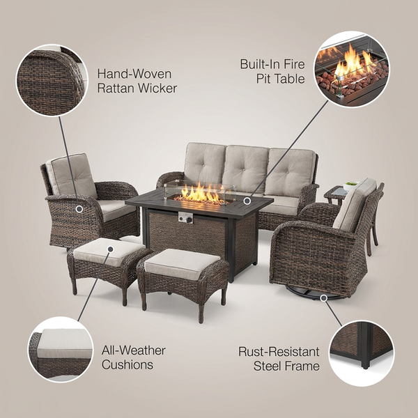 Outdoor Patio Furniture Set Built for Year-Round Entertaining, Fire Pit Table, Weather-Resistant Wicker, 4-Inch Cushions