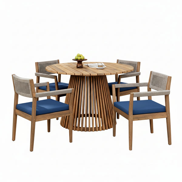 5-Piece Outdoor Patio Dining Table Set with Rope Armchairs & Navy Cushions, Light Teak+Beige