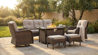 7 Piece Outdoor Patio Furniture Set, Patio Furniture Set with Fire Pit Table Rattan Wicker Patio Furniture Set, Brown Wicker & Beige Cushion — Lifestyle