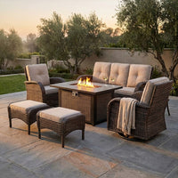 7 Piece Outdoor Patio Furniture Set, Patio Furniture Set with Fire Pit Table Rattan Wicker Patio Furniture Set, Brown Wicker & Beige Cushion — Studio Shot
