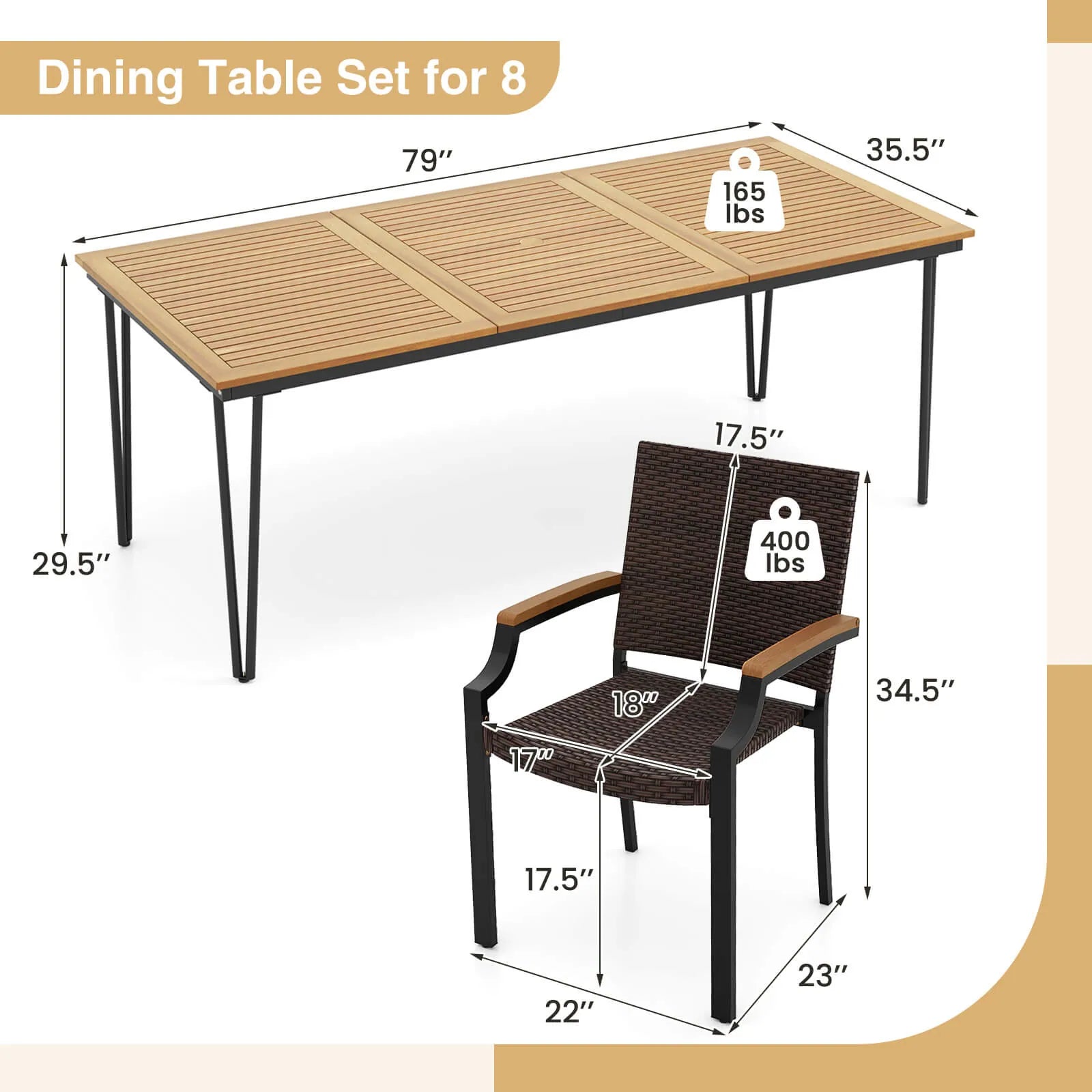 9PCS Patio Dining Set W/79'' Rectangular Dining Table & 8