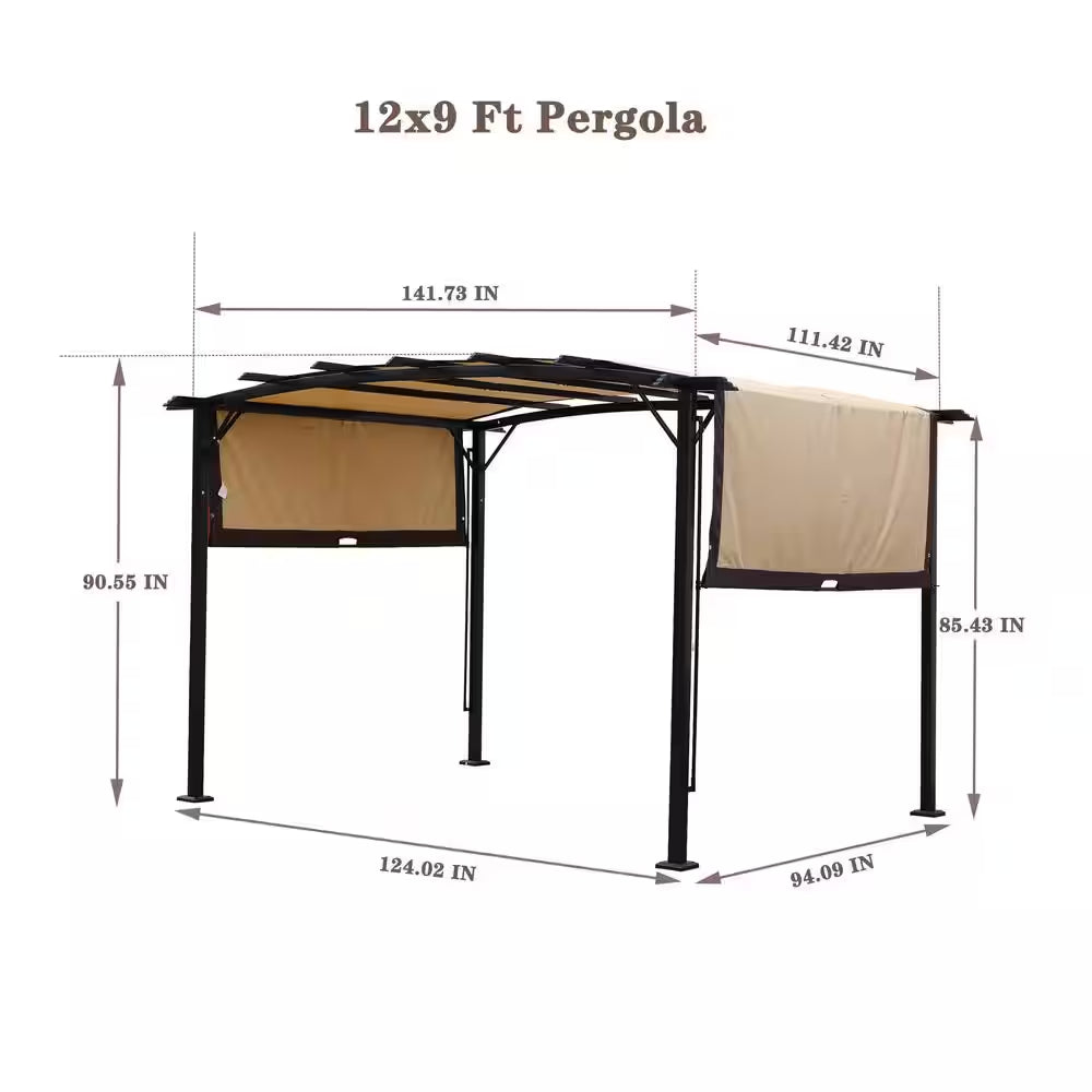 12 Ft. X 9 Ft. Outdoor Pergola Steel Frame Patio Gazebo, Retractable Shade Canopy, Sunshelter Pergola for Gardens