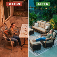 Luxury Outdoor Wicker Patio Furniture Set,5 Piece Deep Seating Outdoor Conversation Set with Patio Swivel Rocker Patio Chairs,Rattan Couch and Ottomans for Deck Porch Poolside — Before & After